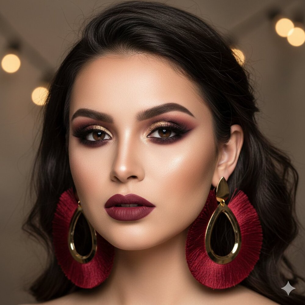 Oversized Burgundy Fringe & Gold Statement Earrings‎
